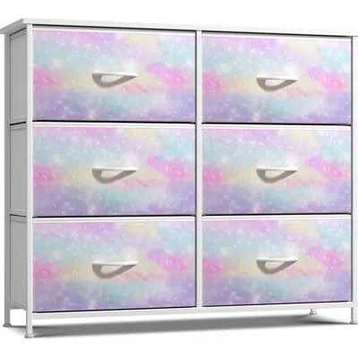 Sorbus 6 Drawers Dresser With Steel Frame, Wood Top, Fabric Bins In Rainbow Sparkle Tie Dye In Rainow Sparkle