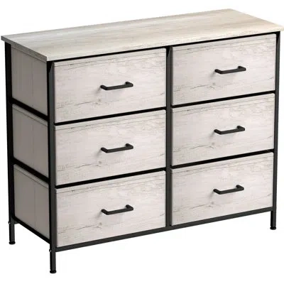 Sorbus 6 Drawers Dresser With Steel Frame, Wood Top, Fabric Bins In Rustic In Cream