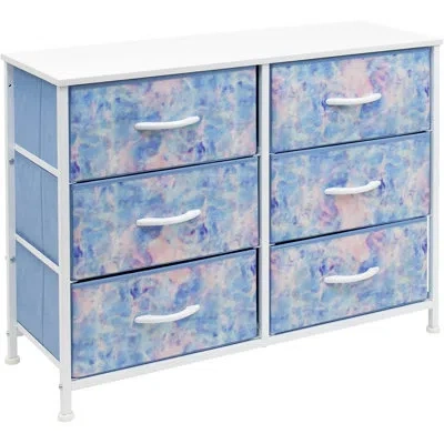 Sorbus 6 Drawers Dresser With Steel Frame, Wood Top, Fabric Bins In Tie Dye Blue