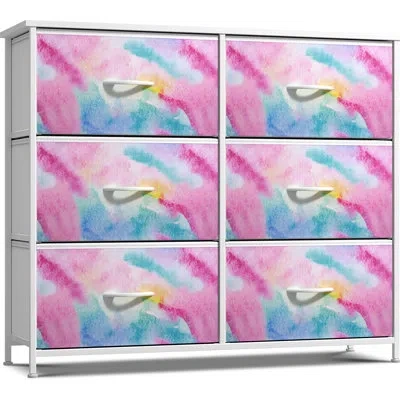 Sorbus 6 Drawers Dresser With Steel Frame, Wood Top, Fabric Bins In Watercolor Tie Dye In Tie-dye Pink