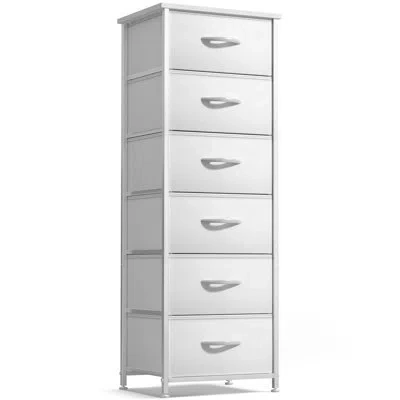 Sorbus 6 Drawers Tall Dresser With Steel Frame, Wood Top & Easy Pull Foldable Fabric Bins In White