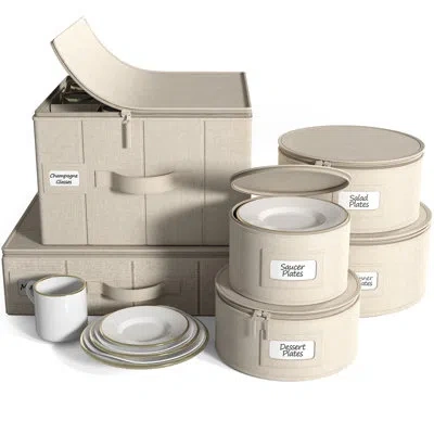 Sorbus 6-piece Stackable Plate, Glass And Mug Carrier Set For Dinnerware Organization And Storage With Felt In Light Brown
