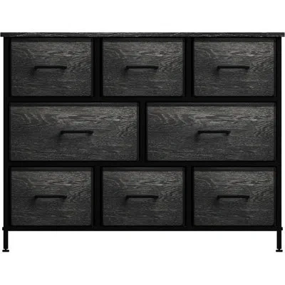 Sorbus 8 Drawers Wide Dresser With Steel Frame, Wood Top, And Fabric Bins In Rustic In Black