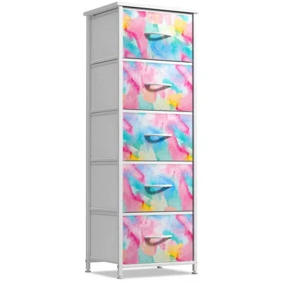 Sorbus Narrow 5 Drawers Nightstand With Steel Frame, Wood Top, & Fabric Bins In Blue
