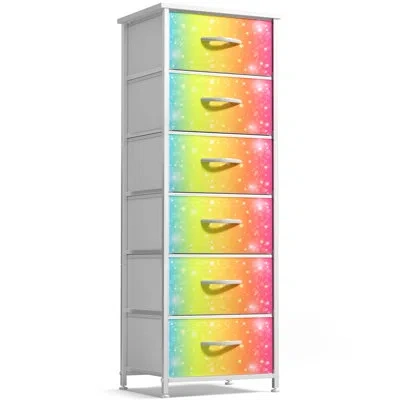 Sorbus Narrow 6 Drawers Nightstand With Steel Frame, Wood Top, Easy Pull Fabric Bins For Home, Bedroom, Off In Multi