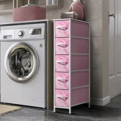 Sorbus Narrow Dresser With 5 Drawers - Vertical Slim Storage Chest Of Drawers With Steel Frame, Wood Top &  In Tie Dye Pink