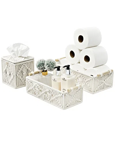 Sorbus Paper Rope Bathroom Baskets & Tissue Holder Set In White