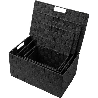 Sorbus Stackable Woven Basket With Lid And Handles 3 Pack In Black