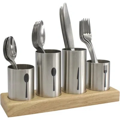 Sorbus Stainless Steel Utensil Flatware Caddy With Bamboo Wood Base In Silver