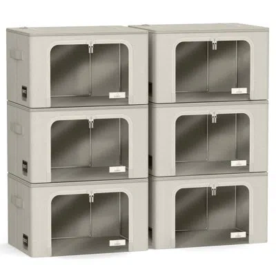 Sorbus Storage Bins With Metal Frame - 6 Pack Stackable & Foldable Clothes Organizer Bags - Oxford Fabric S In Beige