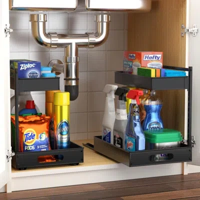 Sorbus Under Sink Organizer With Sliding Tracks And Adhesive Tape - 2-tier Pull-out Storage Rack For Kitche In Black