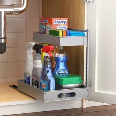 Sorbus Under Sink Organizer With Sliding Tracks And Adhesive Tape - 2-tier Pull-out Storage Rack For Kitche In Silver