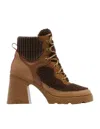 SOREL BREX HEEL COZY BOOTS IN TAWNY BUFF, BLACKENED BROWN