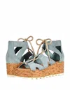 SOREL CAMERON FLATFORM LACE SANDALS IN CRUSHED BLUE, CHALK