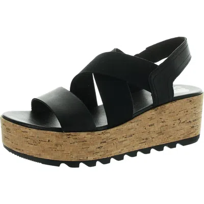 Sorel Cameron Womens Cork Leather Platform Sandals In Black