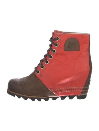 Pre-owned Sorel Canvas Colorblock Pattern Lace-up Boots In Red