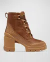 Sorel Caribou Leather Winter Heeled Booties In Velvet Tan,tobacco