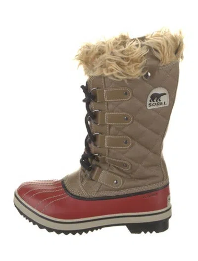 Pre-owned Sorel Colorblock Pattern Faux Fur Trim Lace-up Boots In Neutral