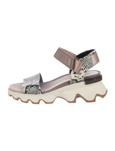 Pre-owned Sorel Embossed Leather Animal Print Sandals In Grey