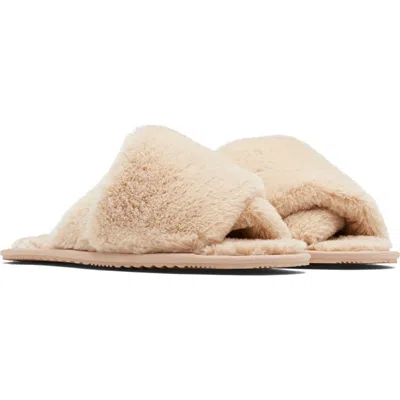 Sorel Go Mail Run Faux Fur Slide Slipper In Natural Tan/sea Salt