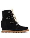 SOREL JOAN OF ARCTIC WEDGE III LACE COZY BOOTS IN BLACK, SEA SALT