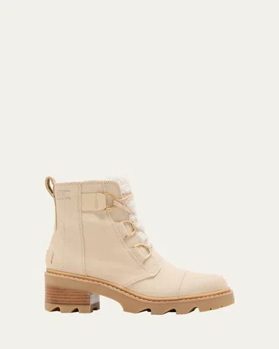 Sorel Joan Suede Faux Fur Lace-up Boots In Bleached Ceramic, Gu