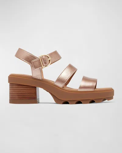 Sorel Joanie Metallic Leather Ankle-strap Sandals In Warm Gold,gum