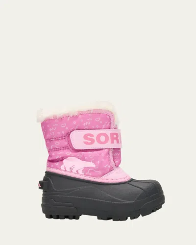 Sorel Kid's Commander Grip-strap Fleece Snow Boots, Toddlers/kids In Pink