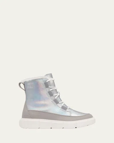 Sorel Kid's Explorer Iii Iridescent Calf Suede Boots, Kids In Pure Silver/chrome Grey