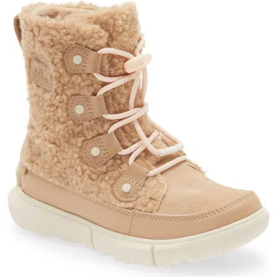 Sorel Kids' Explorer Faux Shearling Waterproof Boot In Canoe/chalk