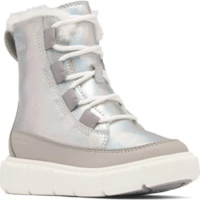 Sorel Kids' Explorer Iii Faux Fur Waterproof Boot In Pure Silver/chrome Grey