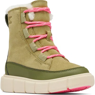 Sorel Kids' Explorer Iii Faux Fur Waterproof Boot In Savory/bleached Ceramic