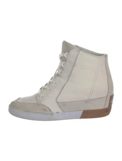 Pre-owned Sorel Leather Colorblock Pattern Wedge Sneakers In White