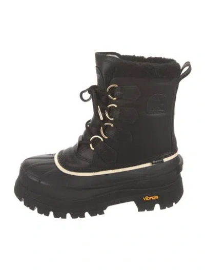 Pre-owned Sorel Leather Faux Fur Trim Combat Boots In Black