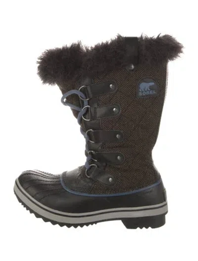 Pre-owned Sorel Leather Faux Fur Trim Lace-up Boots In Black