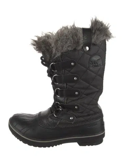 Pre-owned Sorel Leather Faux Fur Trim Lace-up Boots In Black
