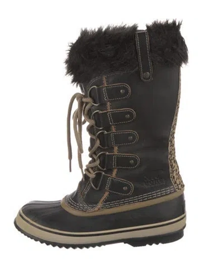 Pre-owned Sorel Leather Faux Fur Trim Lace-up Boots In Black
