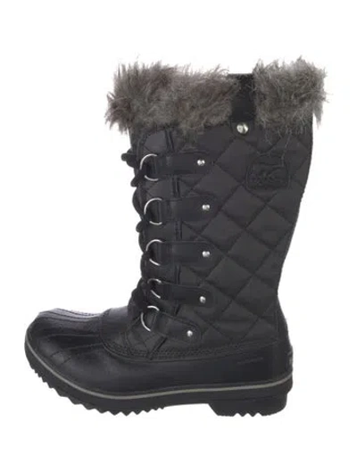Pre-owned Sorel Leather Faux Fur Trim Lace-up Boots In Black