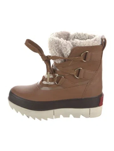 Pre-owned Sorel Leather Faux Fur Trim Lace-up Boots In Brown