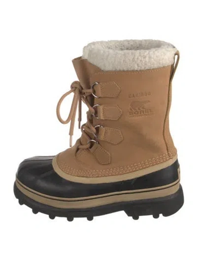 Pre-owned Sorel Leather Faux Fur Trim Lace-up Boots In Neutral