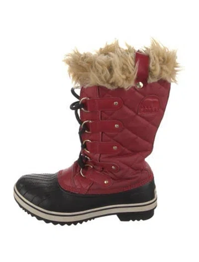Pre-owned Sorel Leather Faux Fur Trim Lace-up Boots In Red