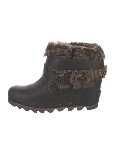 Pre-owned Sorel Leather Faux Fur Trim Rain Boots In Black