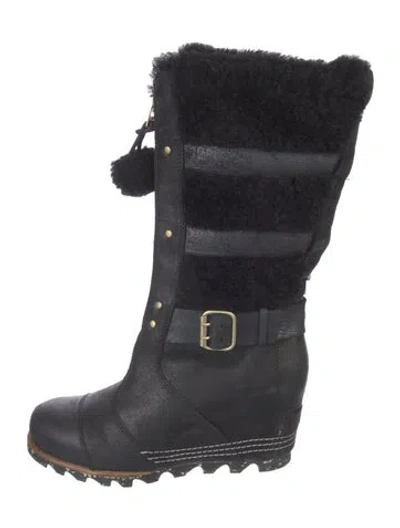 Pre-owned Sorel Leather Faux Fur Trim Snow Boots In Black