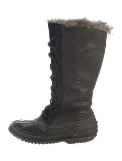 Pre-owned Sorel Leather Faux Fur Trim Snow Boots In Black