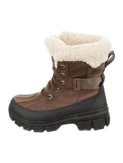 Pre-owned Sorel Leather Faux Fur Trim Snow Boots In Brown