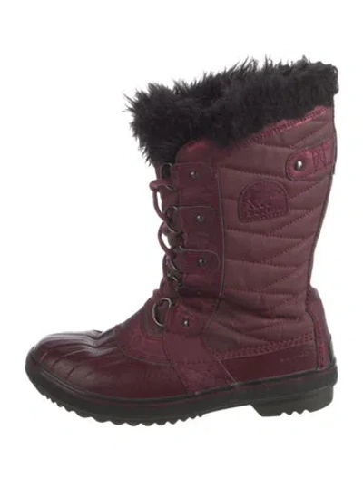 Pre-owned Sorel Leather Faux Fur Trim Snow Boots In Burgundy