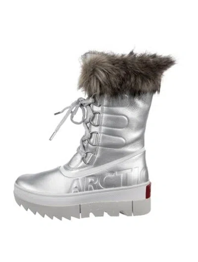 Pre-owned Sorel Leather Faux Fur Trim Snow Boots In Silver