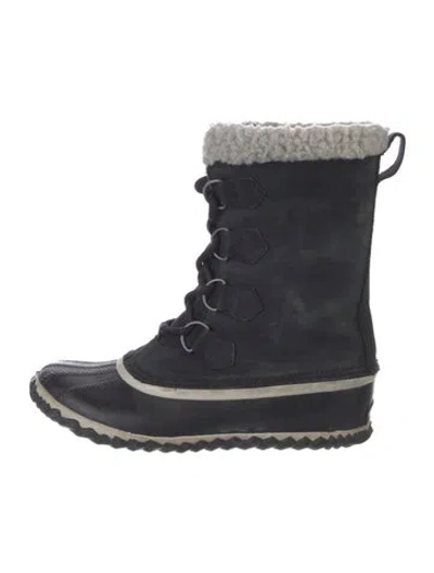 Pre-owned Sorel Leather Fur Trim Lace-up Boots In Blue