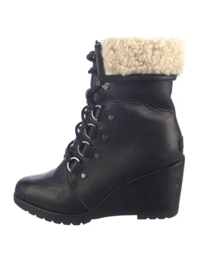 Pre-owned Sorel Leather Fur Trim Lace-up Boots In Blue