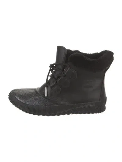 Pre-owned Sorel Leather Glitter Accents Lace-up Boots In Black